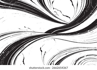 Dynamic black and white abstract wave texture with flowing lines and grunge elements. Perfect for digital art, web backgrounds, posters, and minimalist design projects.