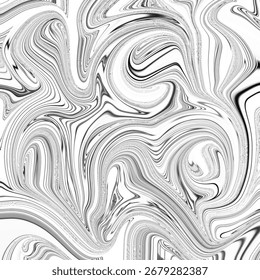Ondas abstratas preto e branco dinâmicas formando texturas de mármore fluido com curvas de fluxo intrincadas, ideais para fundos artísticos e modernos.