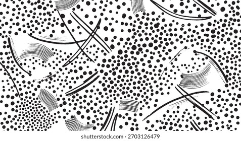 A dynamic black and white artistic background featuring a random mix of stippling, expressive brushwork, and energetic lines creating a modern, hand-drawn texture.