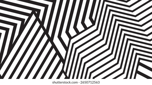 A dynamic black and white background features angled linear shapes that creates a captivating interplay of lines, showcasing a modern and eye-catching geometric design with stark contrast