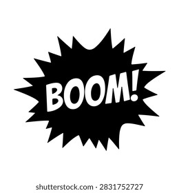 Dynamic black and white comic style explosion with bold BOOM text in a jagged speech bubble, emphasizing impact and excitement.