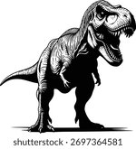 Dynamic Black and White Dinosaur Illustration: Tyrannosaurus Rex in Action Pose
