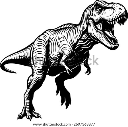 Dynamic Black and White Dinosaur Illustration: Fierce T-Rex in Action Pose