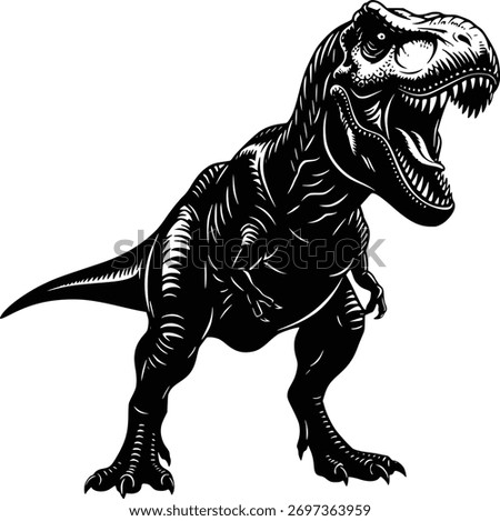 Dynamic Black and White Dinosaur Illustration: Fierce T-Rex in Action Pose