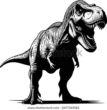 Dynamic Black and White Dinosaur Illustration: Tyrannosaurus Rex in Action Pose