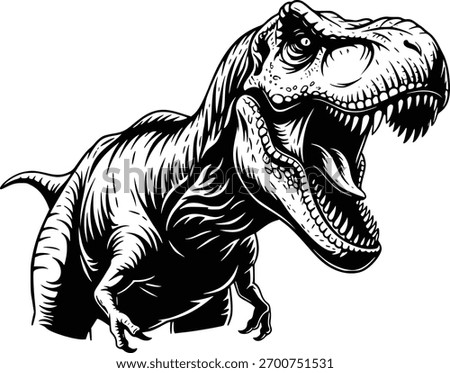 Dynamic Black and White Dinosaur Illustration: Roaring T-Rex in Detailed Line Art Style
