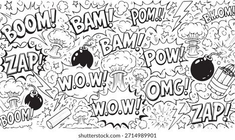 A dynamic black and white doodle art illustration featuring various comic book explosion sound effects like BOOM, BAM, POW, and ZAP, interspersed with cartoon bombs and other explosive elements, crea.