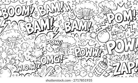 Eine dynamische Schwarz-Weiß-Doodle-Illustration mit verschiedenen Explosionsblasen im Comic-Stil, Soundeffekten wie 'BOOM!', 'BAM!', 'POW!', 'OMG!', 'ZAP!' und 'WOW!', zusammen mit einer kleinen Bombe a.