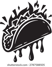 Dynamic black and white of a fiery taco with dripping sauce and flames, symbolizing intense flavor keywords: taco