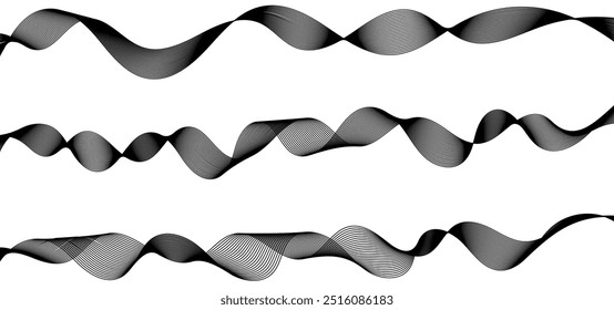 Dynamic black and white flowing wave design element. Abstract wavy lines gray color vector line blend element. Wavy line gradient shapes set.Minimal modern curve vibrant dynamic design element set.