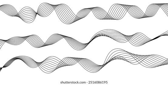 Elemento de projeto dinâmico de ondas de fluxo em preto e branco. Elemento de mistura de linha de vetor de cor cinza com linhas onduladas abstratas. Formas de gradiente de linha ondulada set.Minimal curva moderna vibrante conjunto de elementos de design dinâmico.