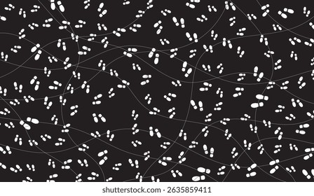 Dynamic Black and White Footprint Maze: A Unique Pattern of Shoe Prints and Lines for Creative Design and Conceptual Backgrounds, Conveying Movement and Choices
