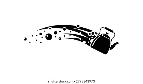 Dynamic black and white graphic of a kettle pouring out an energetic trail of bubbles, capturing the essence of brewing magic, effervescence, and refreshment.