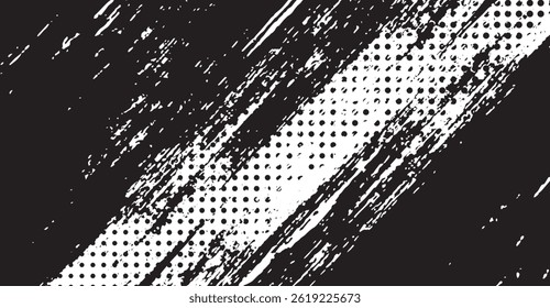 Dynamic Black and White Grunge Texture with Halftone Overlay: Abstract Pattern for Modern Design, Seamless Vector Background for Creative Projects and Artistic Compositions