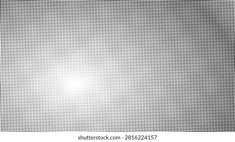 A dynamic black and white halftone pattern creates an intriguing visual texture with a central bright spot