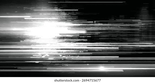 Dynamic black and white horizontal streak pattern with bright light, ideal for tech backgrounds or motion graphics design.