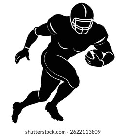 A dynamic black and white illustration of an American football player running with the ball, shown from the front, with a focus on their determined expression and powerful movement