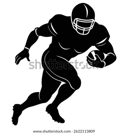 A dynamic black and white illustration of an American football player running with the ball, shown from the front, with a focus on their determined expression and powerful movement