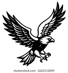 A dynamic black and white illustration of an eagle in flight, with its wings spread and talons extended, depicted in a detailed, vintage style