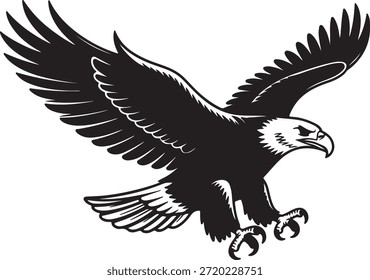 Ilustración dinámica en blanco y negro de un águila con alas muy extendidas y garras listas para el impacto o la captura.