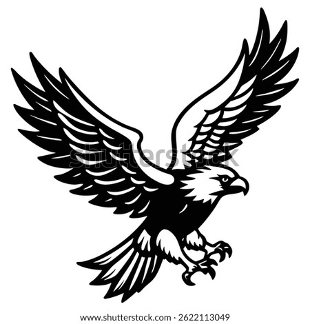 A dynamic black and white illustration of an eagle in flight, with its wings spread and talons extended, depicted in a detailed, vintage style