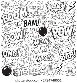 A dynamic black and white illustration featuring various comic book sound effects like BOOM, POW, BAM, and WOW, interspersed with explosion graphics and bombs, creating an energetic and playful visua.