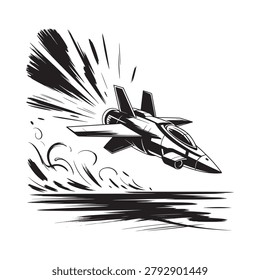 A dynamic black and white illustration of a fighter jet in flight