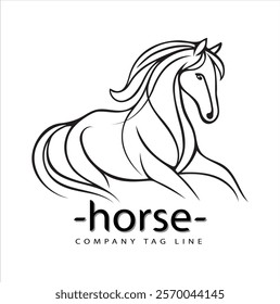 A dynamic black and white illustration of a galloping horse, showcasing elegance and strength. The vector design highlights the full body with detailed contours, ideal for logos, emblems, or mascots.