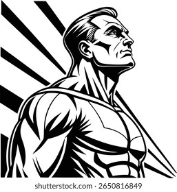 Dynamic black and white illustration of a heroic male figure with a determined gaze