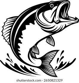 Ilustração dinâmica em preto e branco de um peixe de graves saltando na água com respingos