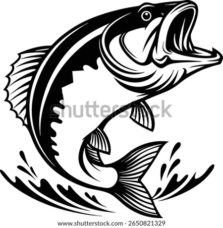 Dynamic black and white illustration of a jumping bass fish in water with splashes