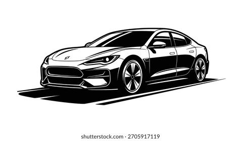 Una dinámica ilustración en blanco y negro de un moderno sedán eléctrico, que muestra sus líneas elegantes y su diseño deportivo.