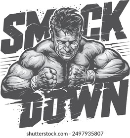 Dynamic black and white illustration of a muscular wrestler with the text "Smack Down." Ideal for sports, wrestling promotions, and fitness-themed designs.