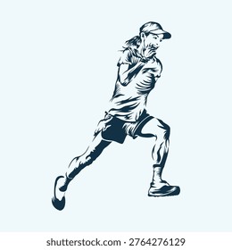 Dynamic black and white illustration of a person running, wearing a T-shirt, shorts, and a cap. The figure demonstrates forward motion with one leg extended behind and the other bent, arms pumping at the sides. The art style uses bold lines to convey muscle definition and movement.