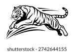 A dynamic black and white illustration of a powerful tiger in mid-leap, depicted with speed lines to emphasize its swift motion and energy. This graphic design captures the essence of a wild animal in action.