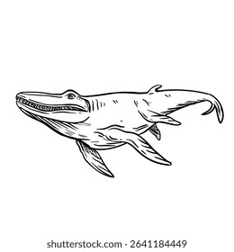 Dynamic black and white illustration of a powerful marine reptile, resembling a Mosasaurus or Hainosaurus, with sharp teeth and flippers. Perfect for aquatic themes, educational materials,
