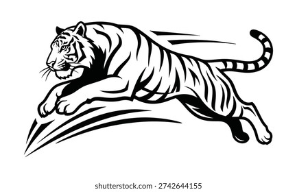 A dynamic black and white illustration of a powerful tiger in mid-leap, depicted with speed lines to emphasize its swift motion and energy. This graphic design captures the essence of a wild animal in action.