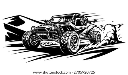 A dynamic black and white illustration of a powerful off-road buggy kicking up dust as it speeds across a sandy terrain.