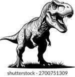 Dynamic Black and White Illustration of a Roaring T-Rex Dinosaur on a Grassy Landscape