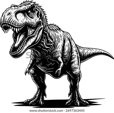 Dynamic Black and White Illustration of a Roaring T-Rex Dinosaur in a Vintage Style