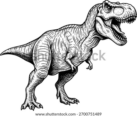 Dynamic Black and White Illustration of a Roaring T-Rex Dinosaur in a Vintage Style