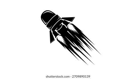Una dinámica ilustración en blanco y negro de un cohete despegando, dejando un rastro de fuego y humo detrás de él, simbolizando la velocidad y el progreso.