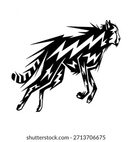 Ilustración dinámica en blanco y negro de un guepardo corriendo con patrones abstractos y dentados que se asemejan a los rayos, simbolizando la velocidad y la energía salvaje en un estilo de arte gráfico.