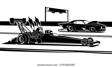 Dynamic black and white illustration of two drag racing cars competing on a track, with flames erupting from one engine. Speed, competition, and power.