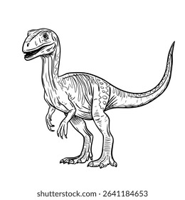 Dynamic black and white illustration of a Velociraptor, a classic predatory dinosaur. Ideal for educational materials, action-themed designs, or any prehistoric animal collection.