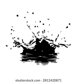 Dynamic black and white image capturing a water splash with droplets and reflection on a smooth surface, emphasizing motion and fluidity.