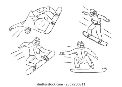 Dynamic black and white line art illustration set with snowboarder in action, showcasing jumps, trick, and motion in minimalist style. Vector hand drawn drawing isolated on white background