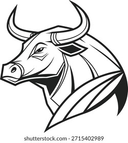 Dinâmico Preto e Branco Linha Art Bull Head Profile com acentos geométricos Palavras-chave touro, cabeça, perfil, arte de linha, preto, branco, geométrico.