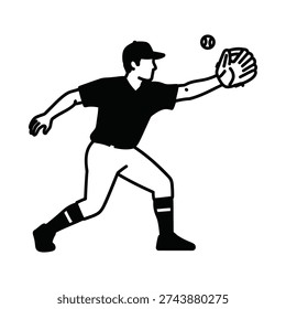 Dynamic black and white line art illustration of a male baseball player lunging to catch a fly ball. A minimalist, high-contrast graphic perfect for sports branding, coaching, and athletic design.