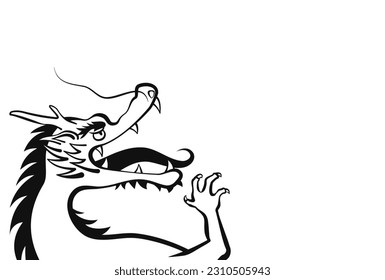 A dynamic black and white line drawing illustration of a dragon blowing fire and copy space. Vector illustration.